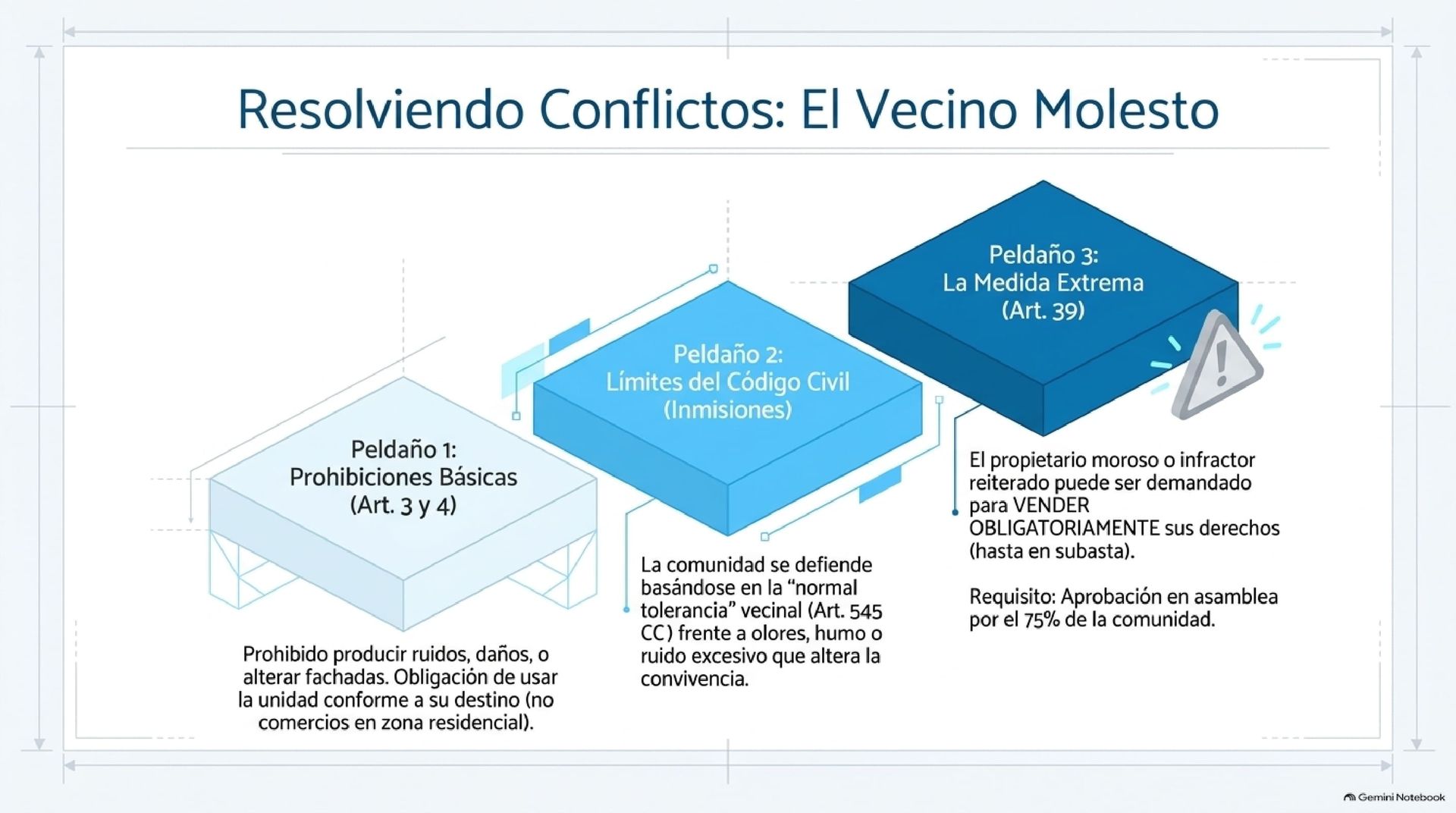 Cómo Resolver Problemas de Convivencia y Ruidos en el Condominio Pirámide de resolución de conflictos vecinales detallando prohibiciones básicas límites del código civil y la venta obligatoria por demandas.