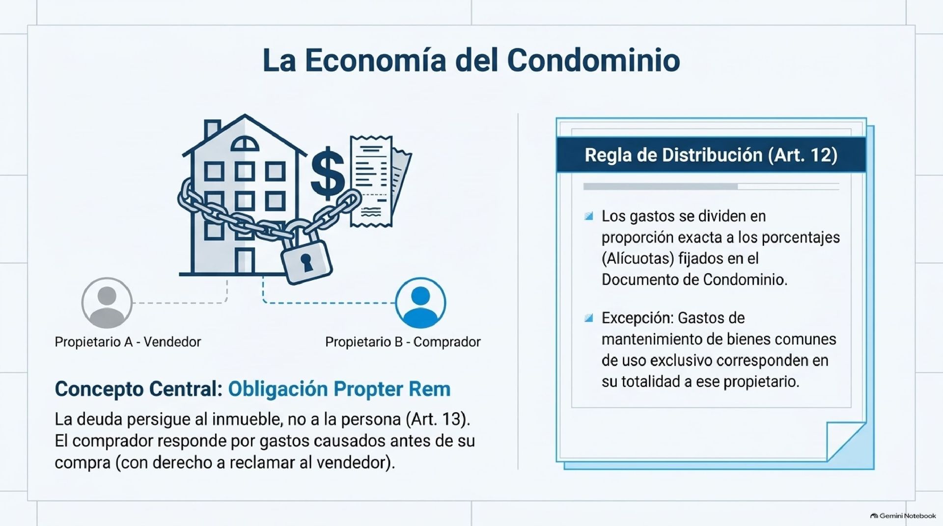 Distribución de Gastos y Cobro de Alícuotas de Condominios Ilustración explicativa de la obligación Propter Rem donde la deuda de gastos comunes persigue al inmueble entre comprador y vendedor.