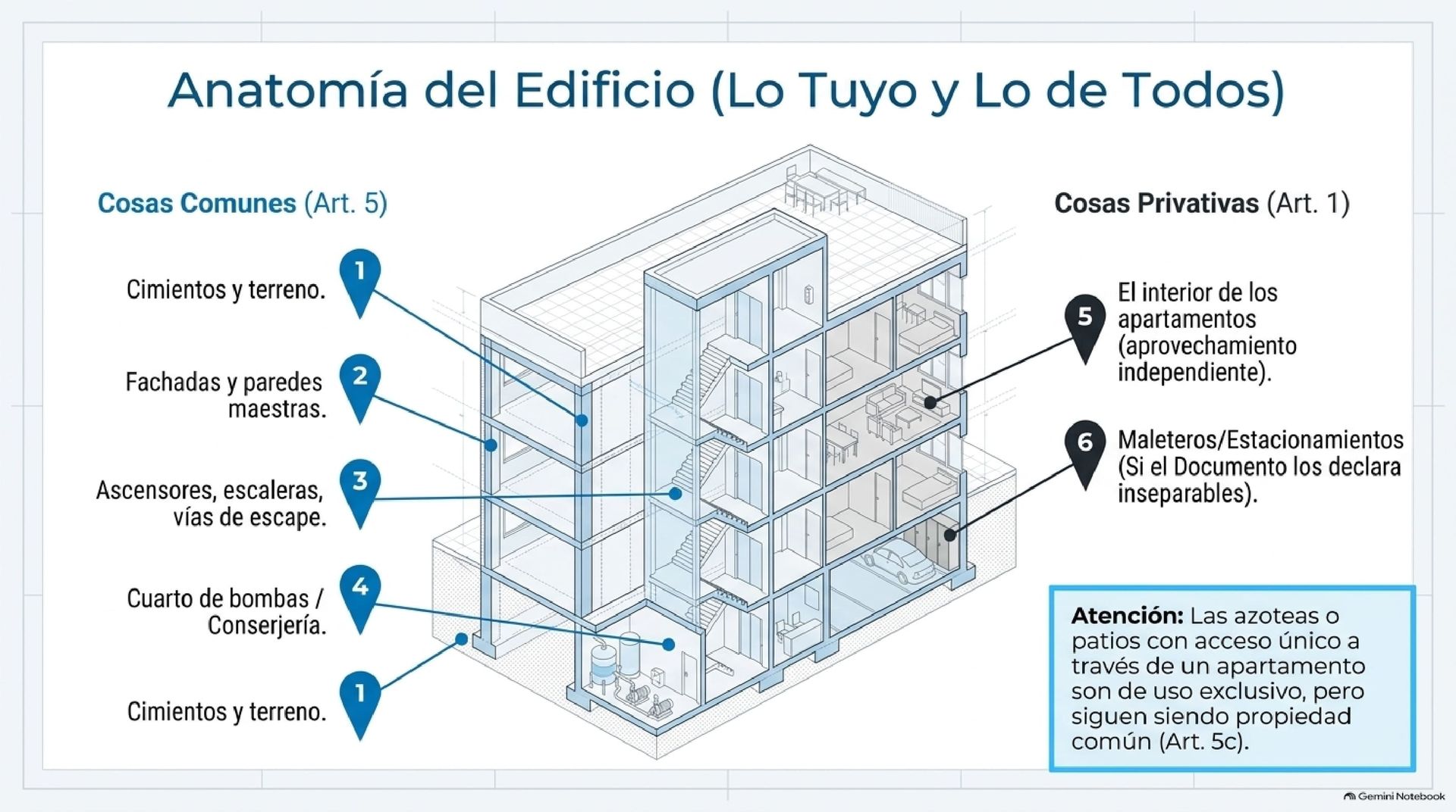 Ley de Propiedad Horizontal Artículo 5 - Bienes Comunes y Privativos Infografía arquitectónica en 3D de un edificio señalando las cosas comunes según el artículo 5 y las cosas privativas según el artículo 1.
