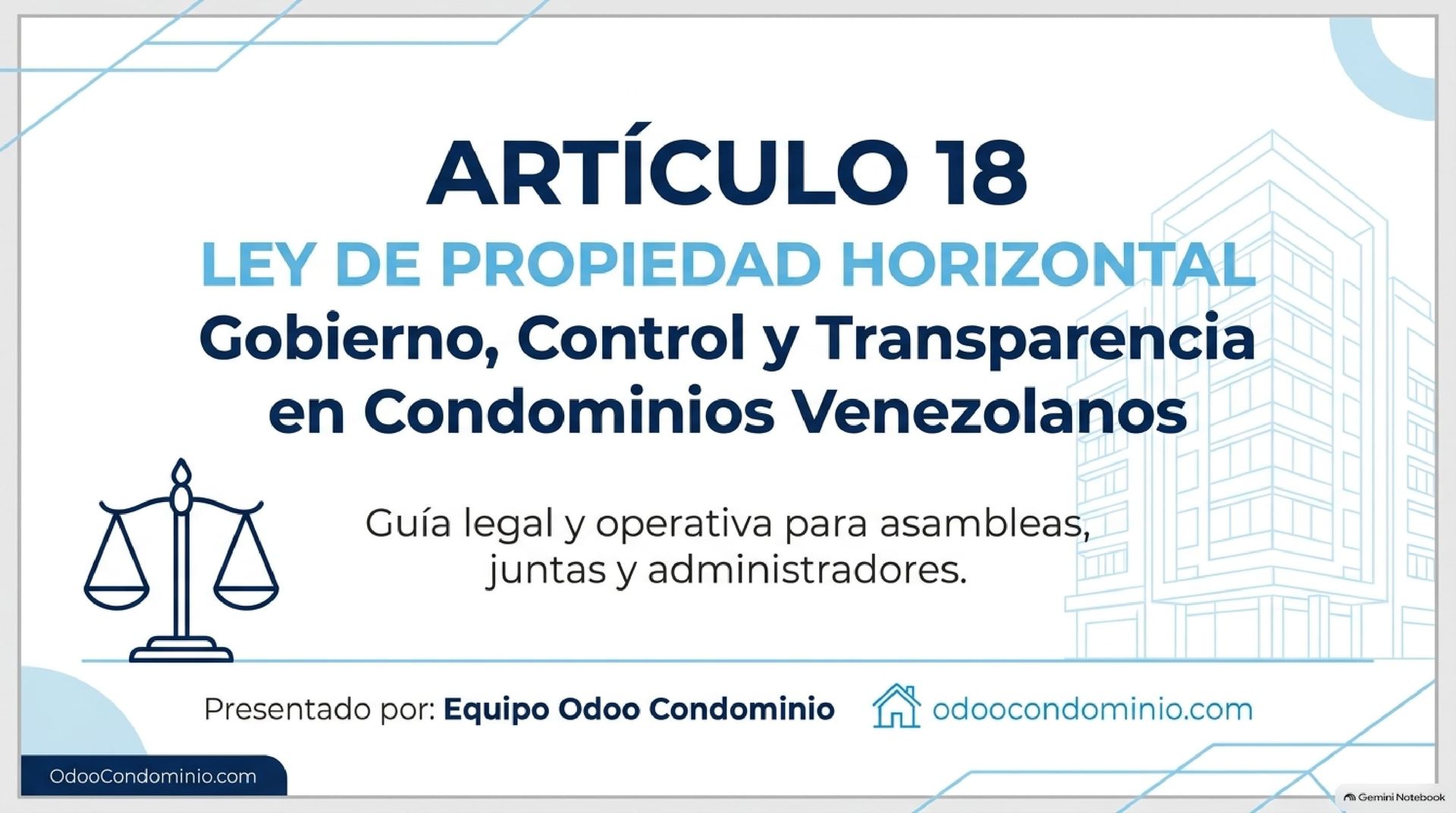 Artículo 18 LPH Venezuela: Guía Legal y Estructura de Gobierno en Condominios - Odoo Condominio Portada corporativa sobre el Artículo 18 de la Ley de Propiedad Horizontal de Venezuela y la estructura de gobierno en condominios