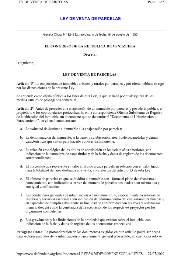 Ley de Venta de Parcelas 1983