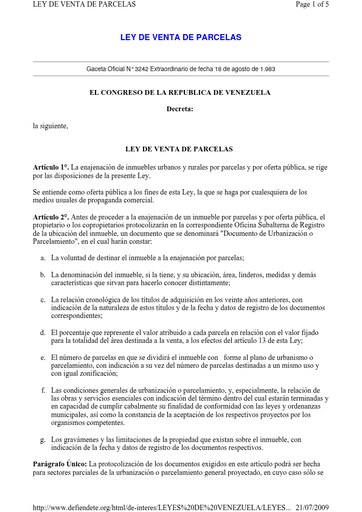 Ley de Venta de Parcelas 1983