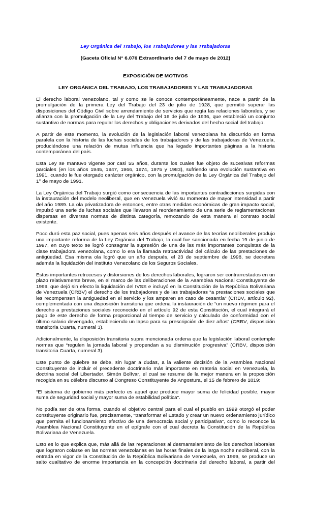 Ley Organica del Trabajo los trabajadores y trabajadoras